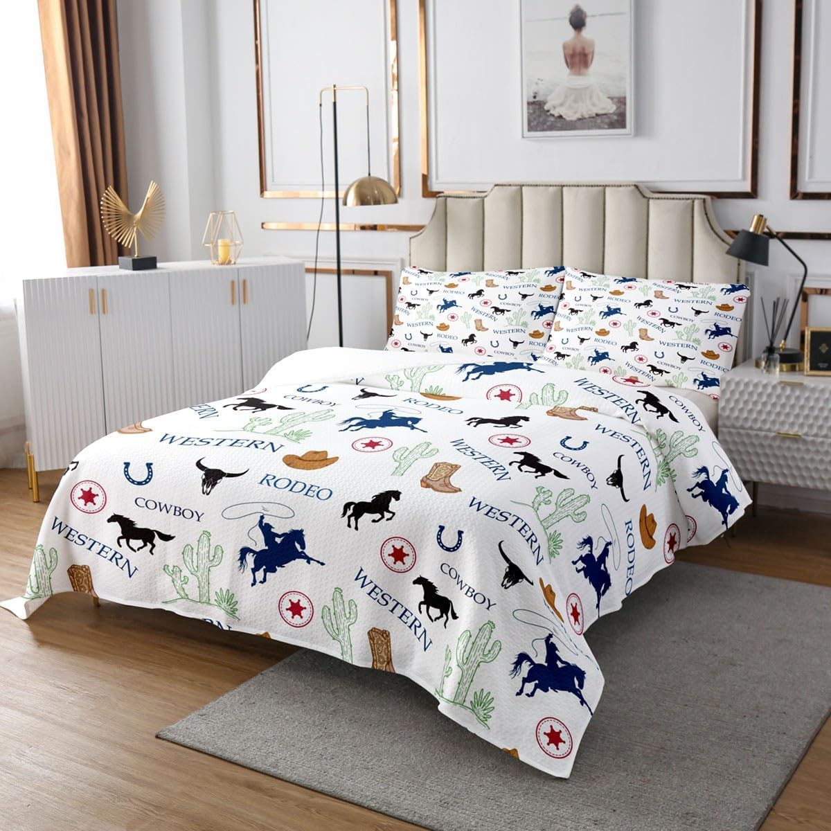 Western Bedding Quilt Kids Twin Size Cartoon Cowboy Cactus Cattle Skull Print Bedspread 2Pcs,Rustic Farmhouse Comforter Set American Southwest Coverlet Set for Boys Men Adult Room Decor,White