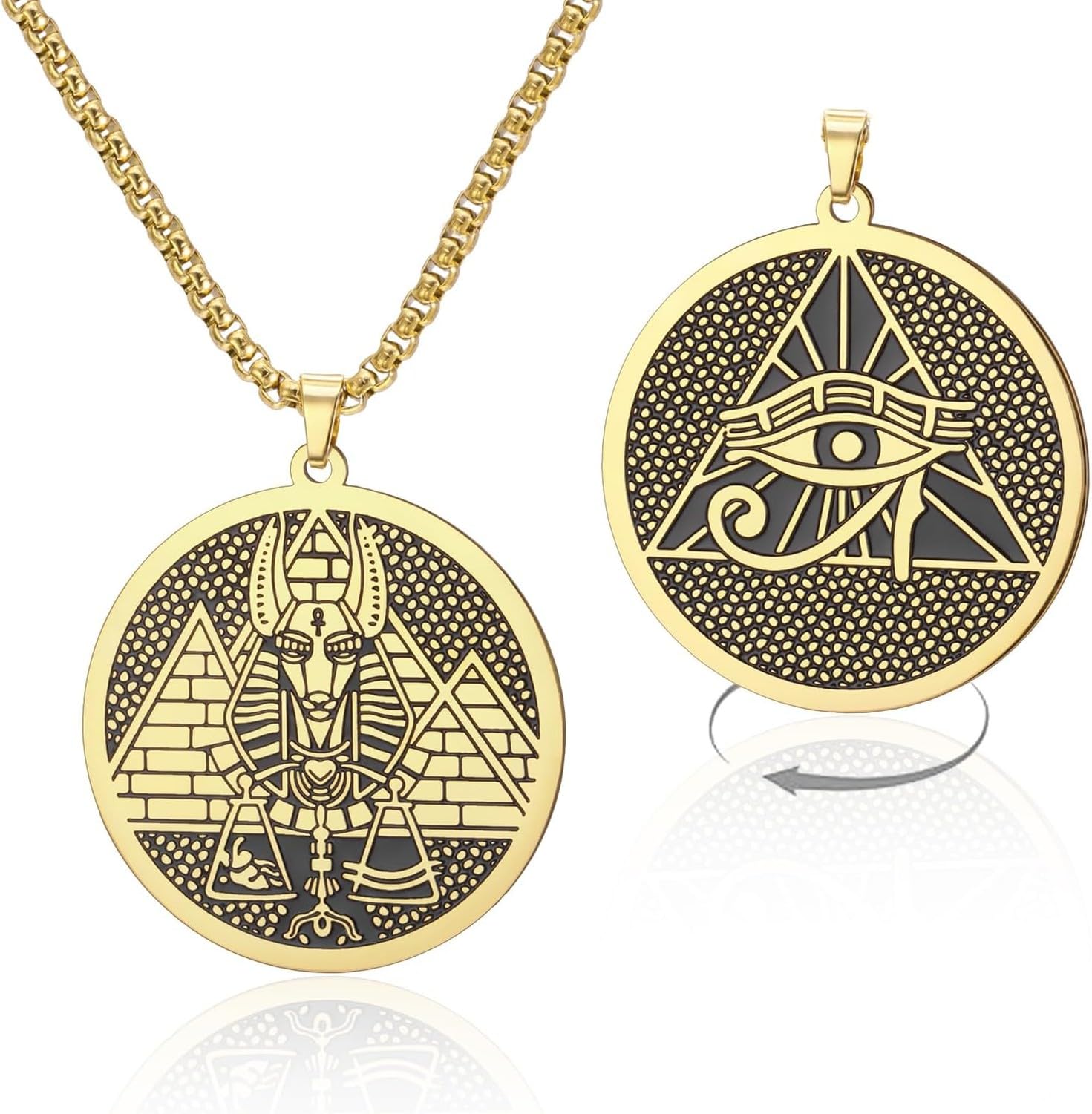 HURUMA Stainless Steel Egyptian Ankh Eye of Horus Anubis Pendant Necklace Pyramid Medallion Amulet Protection Jewelry for Men Women, Gold-Box chain