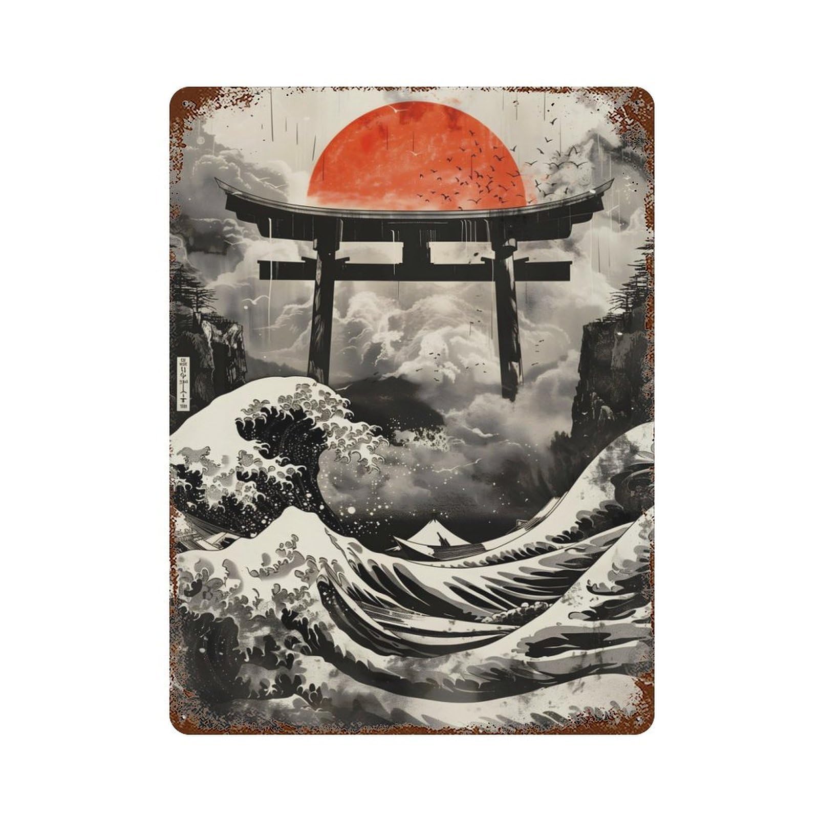 Torii And Great Wave Aged Metal Wall Plaque 15.7"x11.8", Old School Wall Decor for Garage, Bar And Workshop Decor
