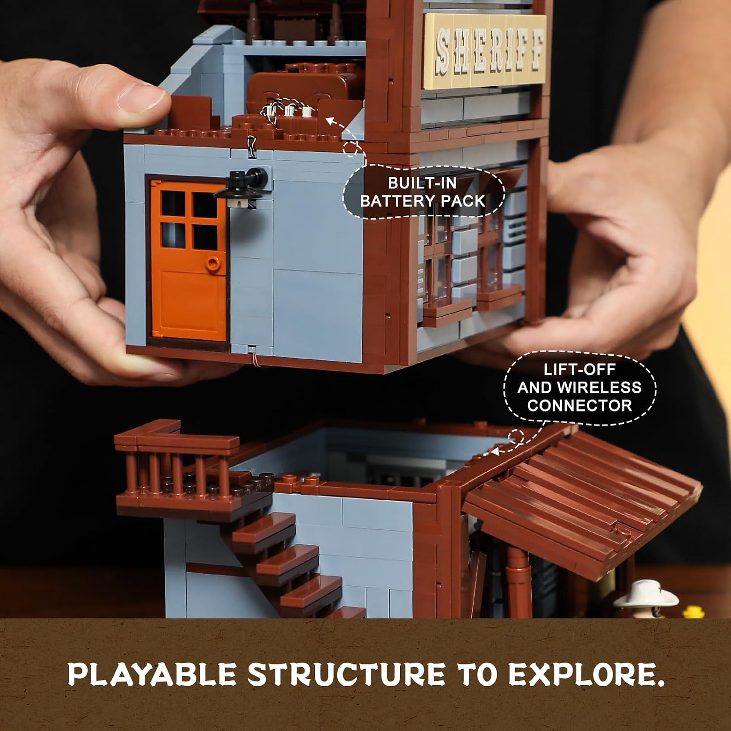 FUNWHOLE Western-Saloon and Sheriff's-Office Lighting Building-Bricks Set