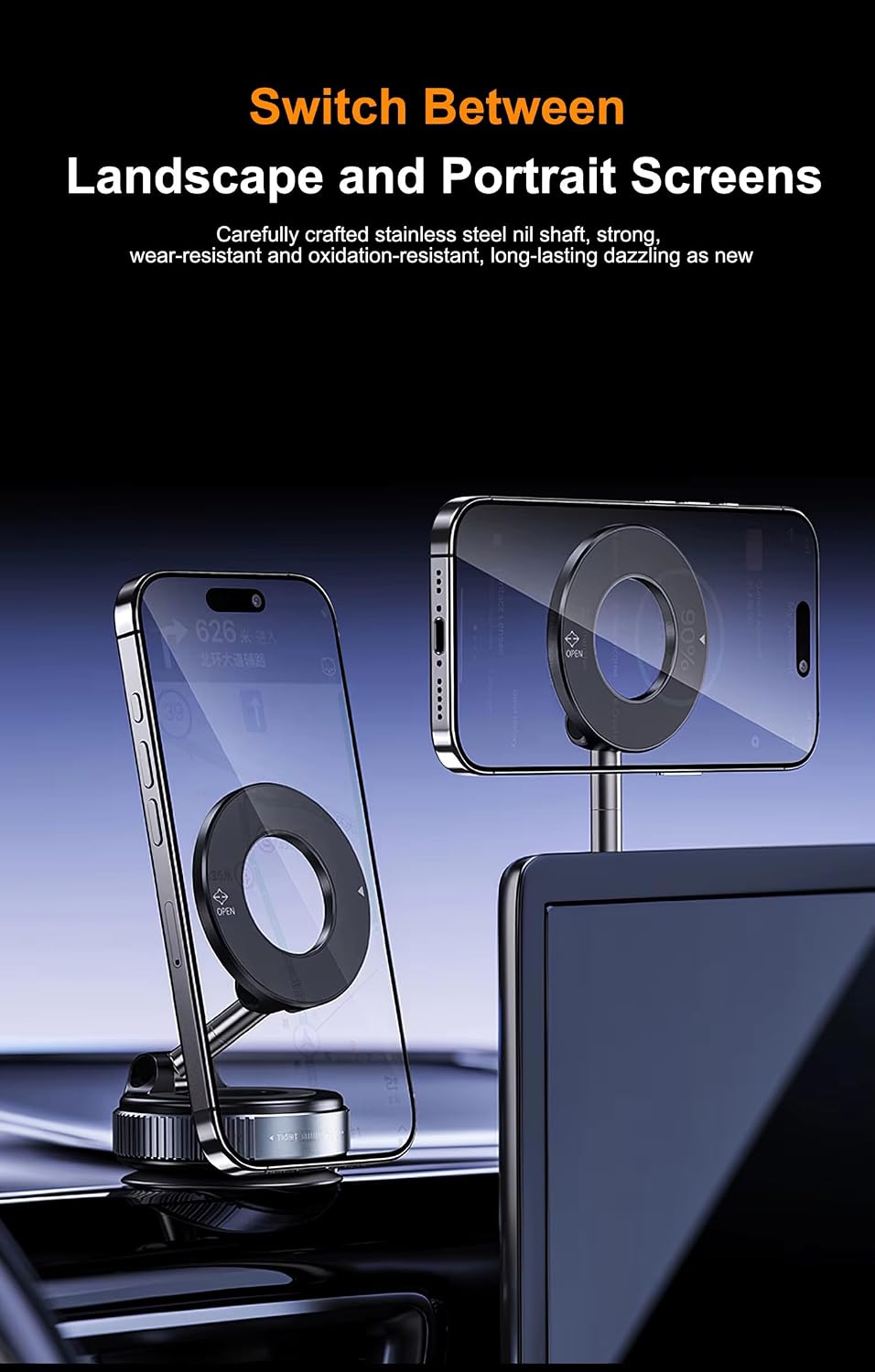 360° Vacuum Suction Car Phone Mount, Magnetic Adjustable Dashboard Stand, Strong Grip, Universal Mobile Device Holder, Premium, for Car, Mirror Portable Folding Design, Compatible with iPhone Android