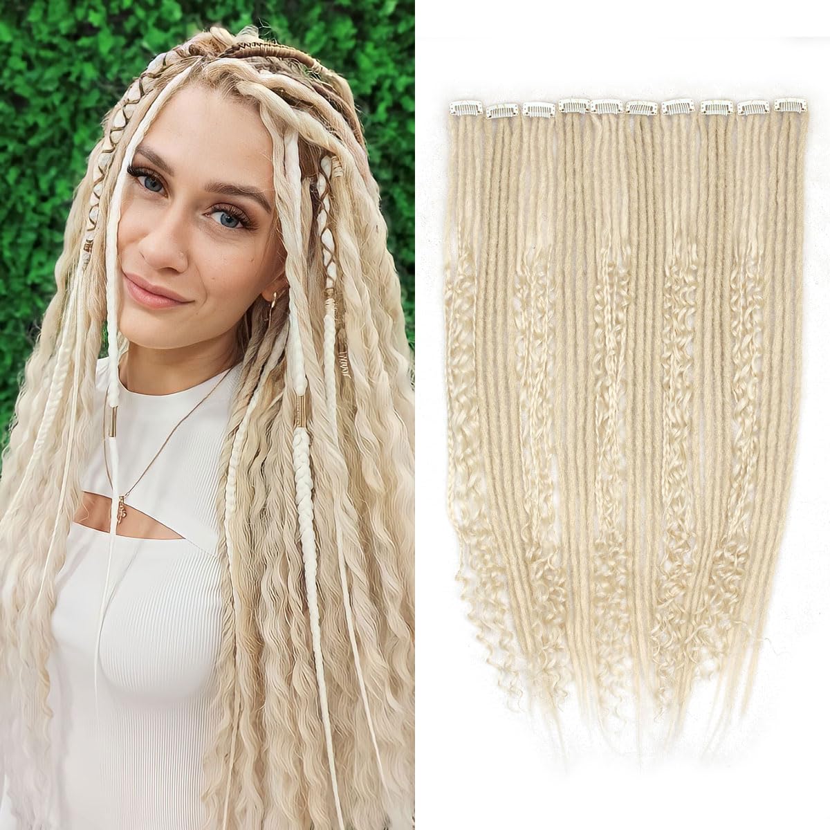 24 Inch Clip in Dreadlock Hair Extensions 10Clips 40 Strands Mixed Synthetic Dreads Extensions for Women,Handmade Soft Straight Boho Wavy Dreads,613