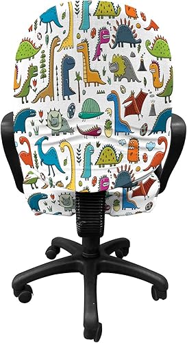 Miniatura 2 de Lunarable Funda para silla de oficina de dinosaurio, divertido diseño de cómic de dibujos animados de criaturas prehistóricas, flores, huevos, funda