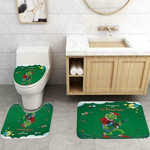 Miniatura 2 de Juego de 4 cortinas de ducha navideñas con alfombras antideslizantes, cubierta para tapa de inodoro y tapete de baño, juegos de baño de Navidad con