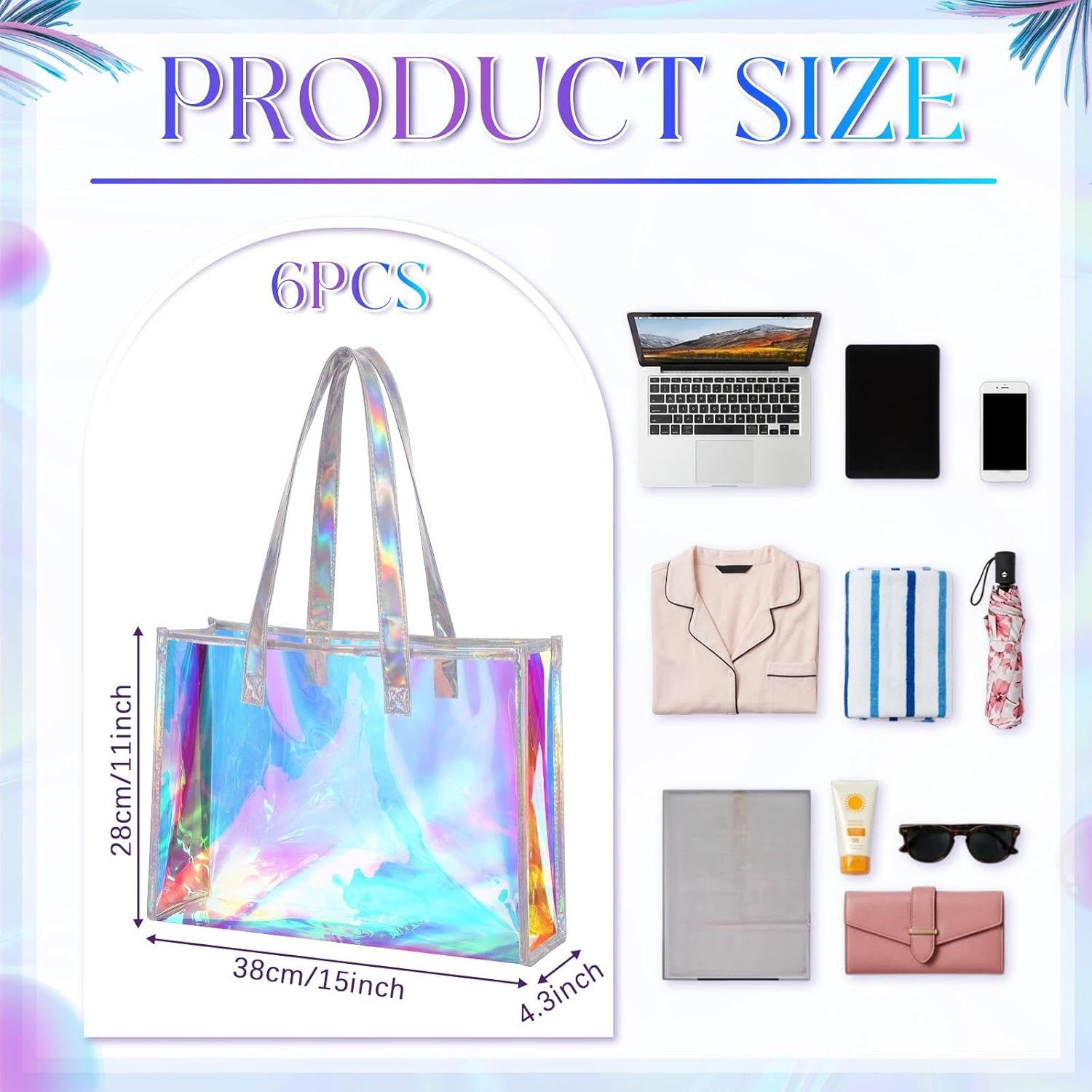 Aliceset 6 Pcs Iridescent Tote Bags with Handle Bachelorette Party Favors 15x11x4.3'' Bridesmaid Holographic Bags for Travel