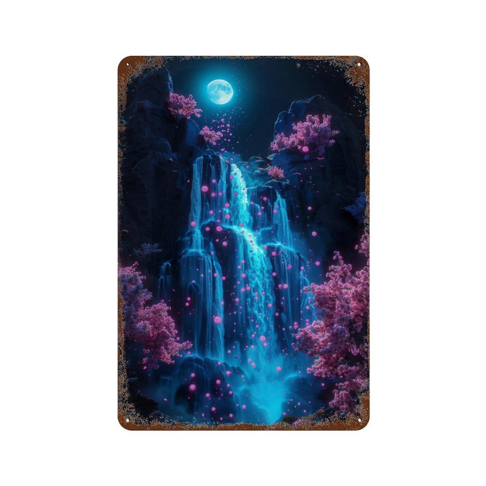 Enchanted Waterfall Moonlit Night Rusty Metal Tin Sign 11.8"x7.9", Vintage Wall Decor for Garage, Pub Or Kitchen