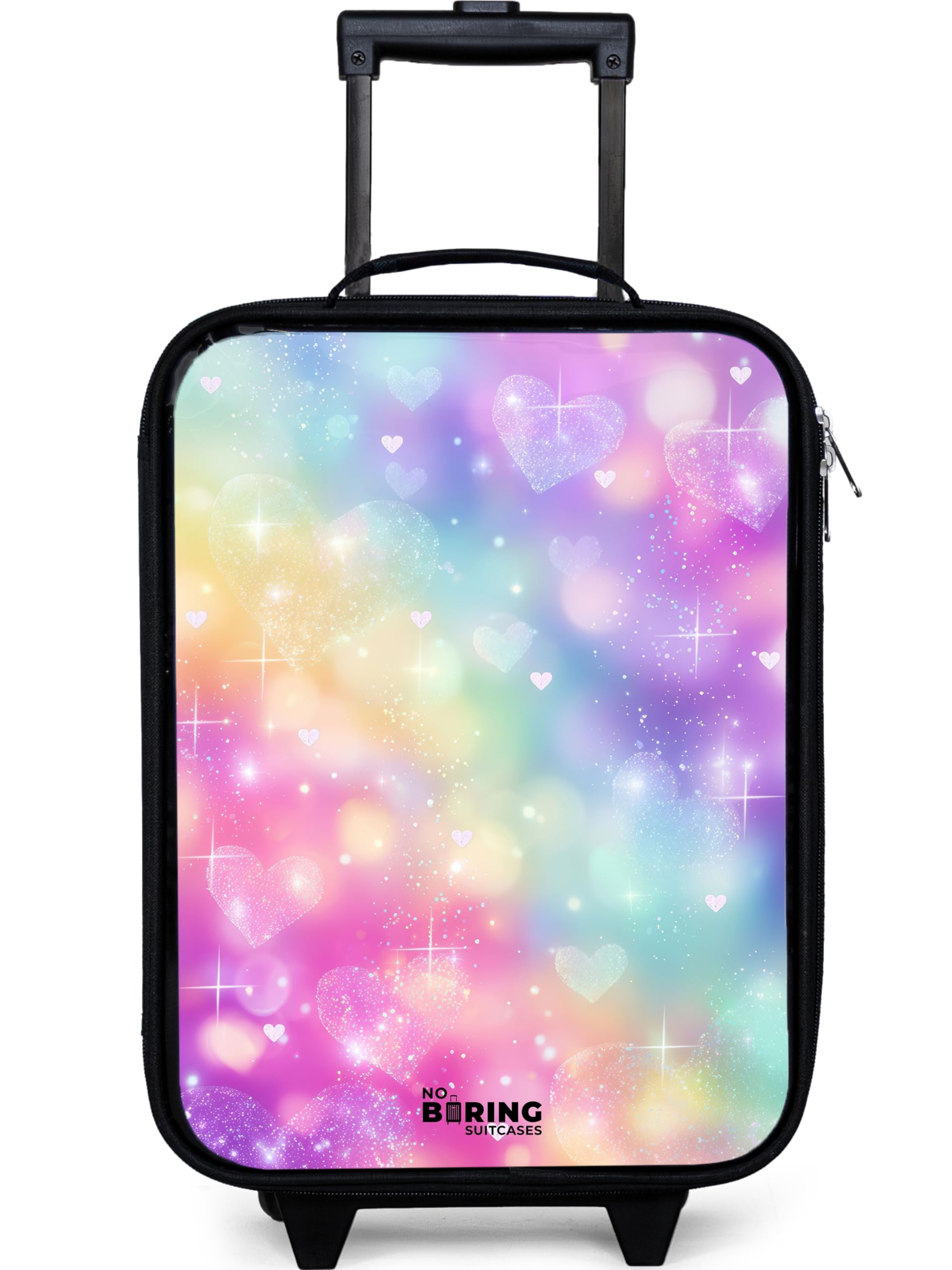 NoBoringSuitcases.com® Valise Enfant 48x31x19 cm Ultra Légère Bagages À roulettes LED pour Enfants Petite Voyage Bagage Bebe Valisette A Roulette Ado - Fille - Lumière - Arc-en-Ciel - Cœurs