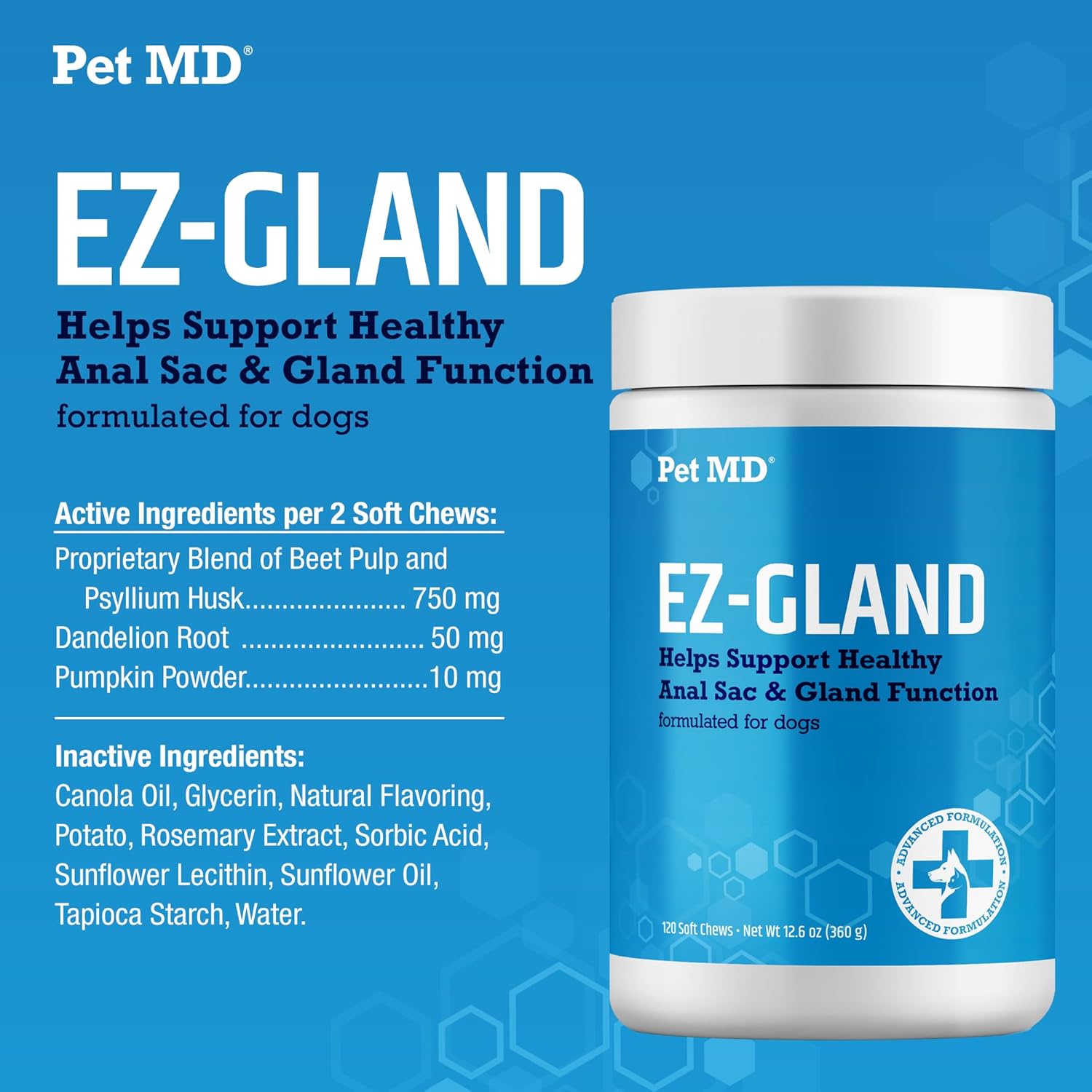 Pet MD EZ Gland - Dog Anal Gland Chews with Pumpkin and Fiber for Dogs for Digestive Support, Constipation Relief, and Stool Firmer - 120 ct Soft Chews