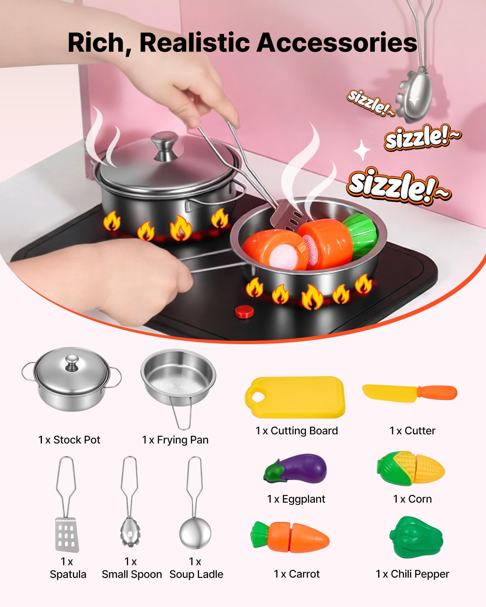 VEVOR Cocina de Juguete para Niños de 3 a 8 Años, Cocinita Infantil de Madera con Luces y Sonidos, Zonas Interactivas, Fregadero, Microondas, Accesorios, Juego de Cocina con Almacenamiento, Color Rosa