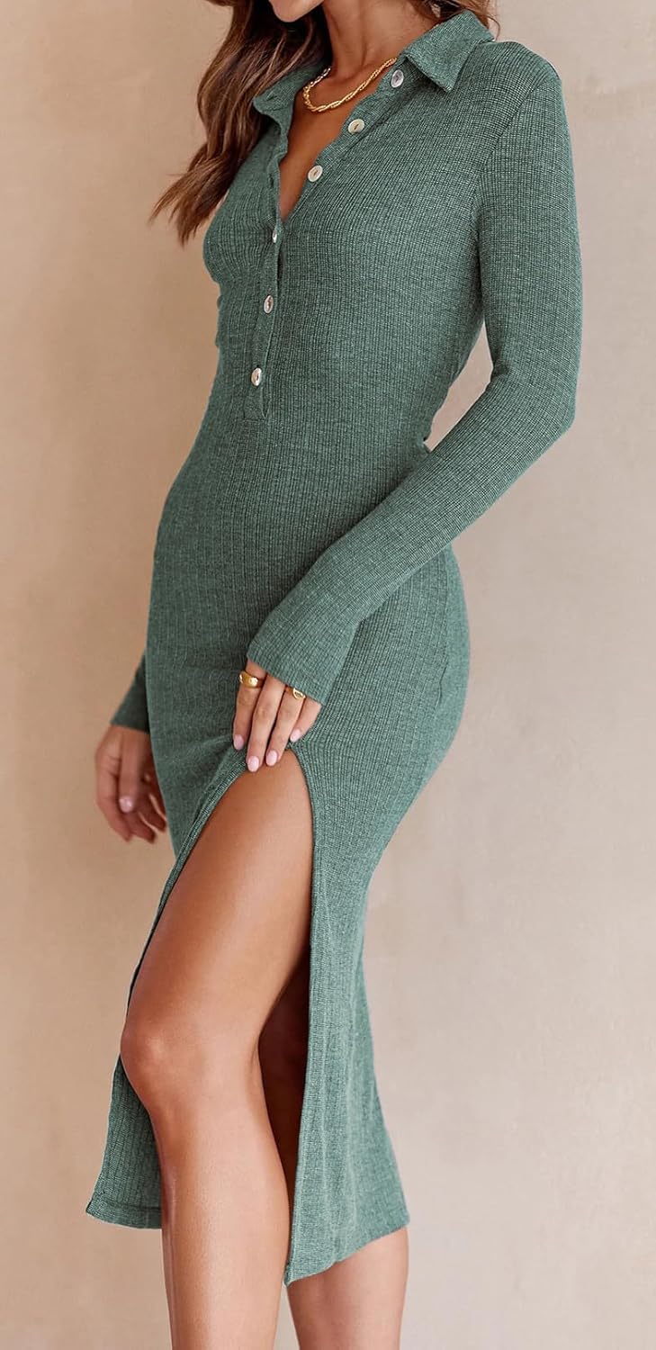 ZOCANIA Women's Lapel Half Button Ribbed Knit Wrap Dress Split Dress Long Sleeve Stretchy Club Bodycon Dress with Belt - Image 3