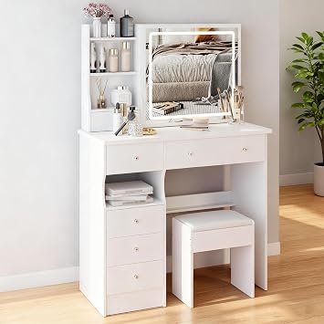 36.3" Vanity Desk with Mirror and Lights, White Makeup Vanity Table with Stool, Large Makeup Desk with 6 Drawers, Wood Dressing Table for Bedroom Dressing Room, 36.3"