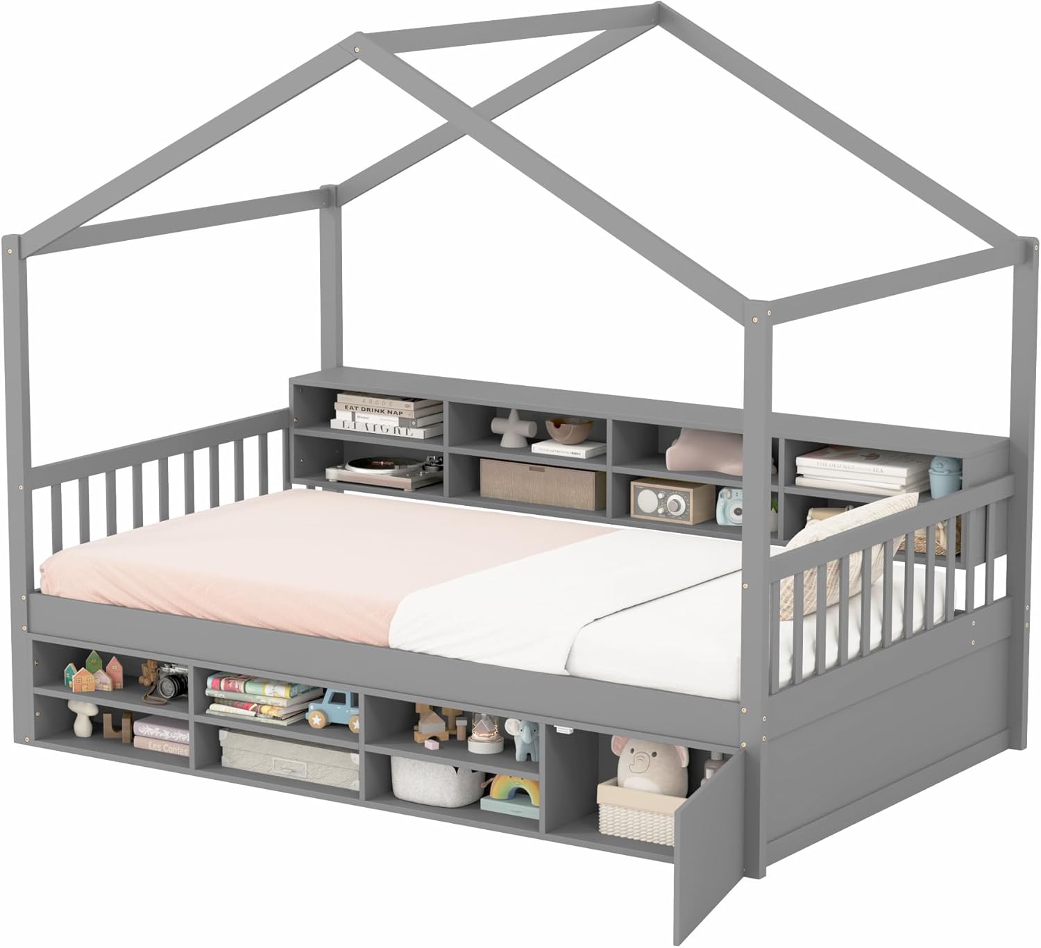 KOMFOTT Twin Size Wood House Bed with Storage Shelves, Wooden Platform Bed Frame with Storage Cabinet, Headboard & Footboard, House Bed with Wood Slats Support, No Box Spring Needed (Grey)