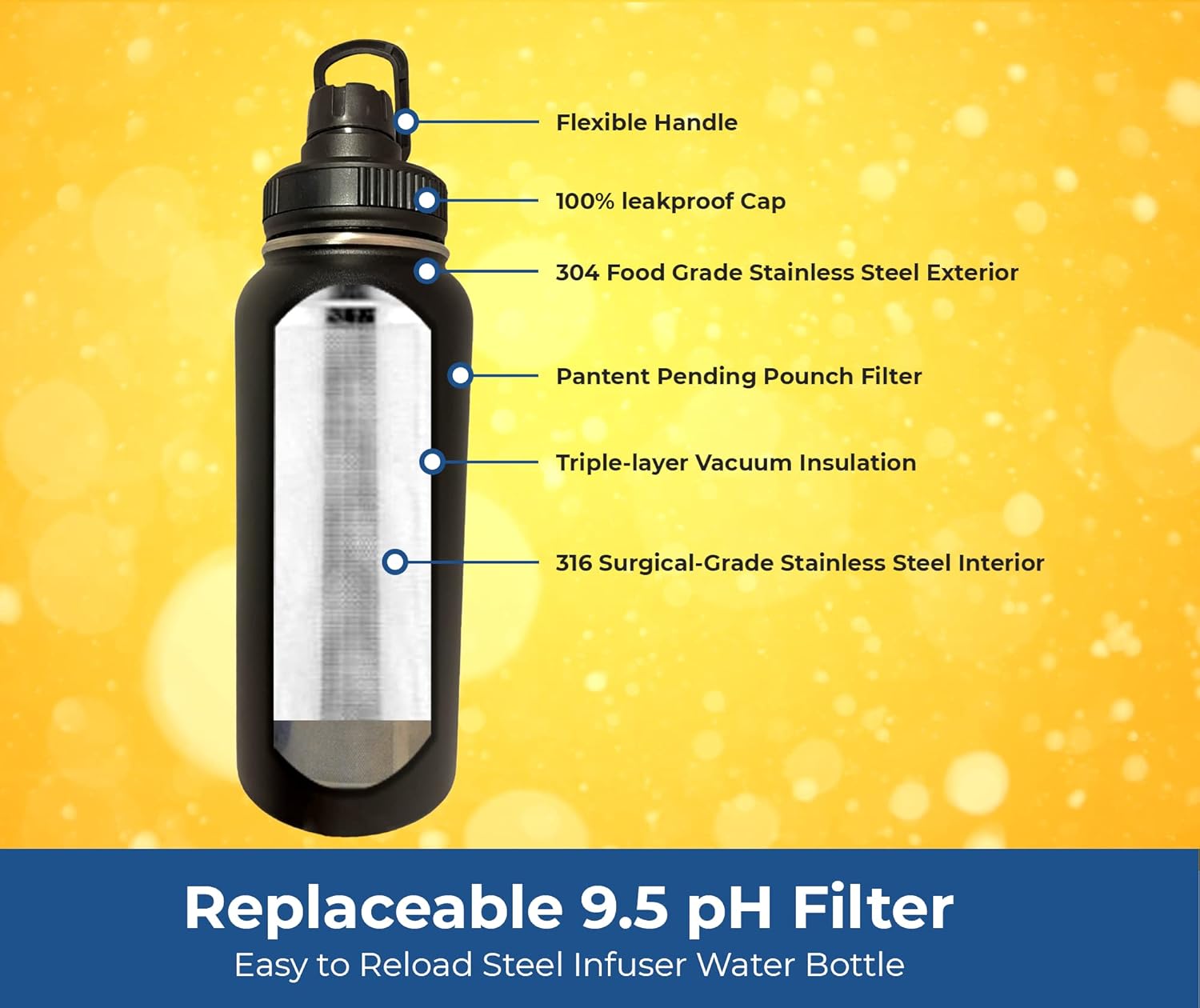 Alkaline Anytime 32oz Stainless Steel Alkaline Water Bottle | Premium 9.5+ pH | Wide Mouth Insulated Bottle | Carry Handle Lid | Alkaline Ionized Water | Infuser (Large Infuser and 3 Filters, Black)