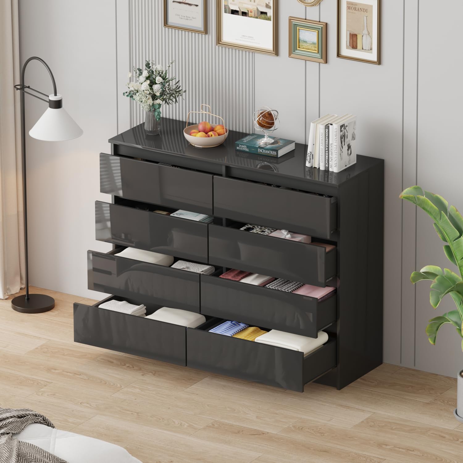 LSLIFE Weiße Kommode mit 6/8 Schubladen Hochglanz Schlafzimmerschrank Nachttisch Sideboard Stauraum Möbel für Wohnzimmer Büro Flur (Black 8 Drawer)