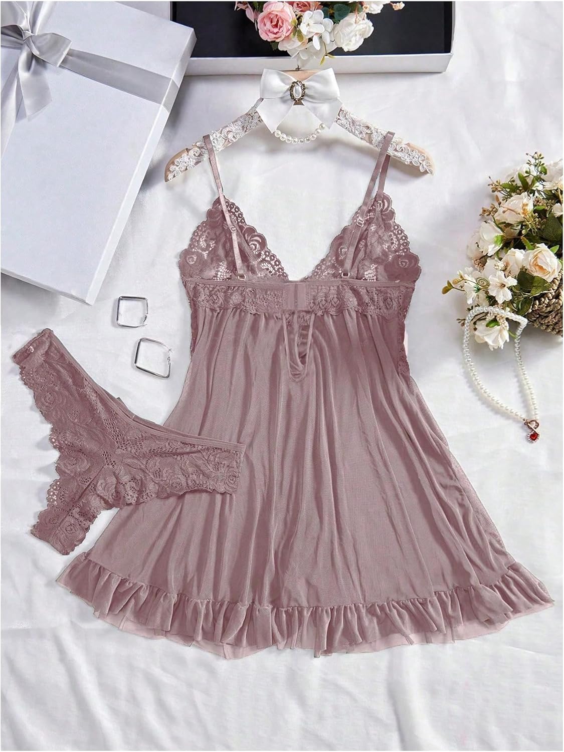 Women's 2 Piece Pajama Sets Lace Mesh Ruffle Hem Cami Dress and Panties Elegant Comfy Sleepwear Set - Image 3