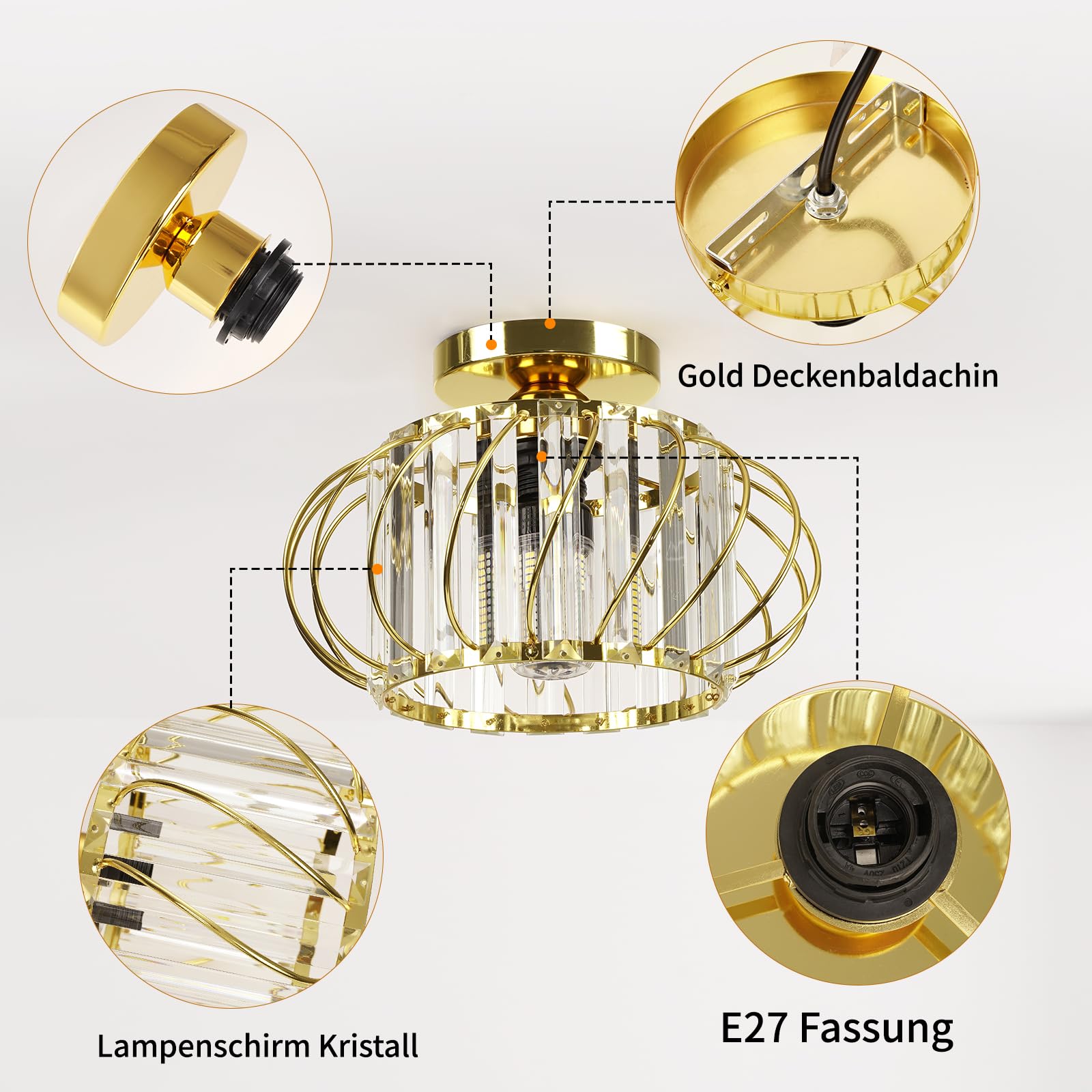 Frideko Home - Lámpara de techo de oro con lámpara de techo de metal redondo E27, lámpara de techo para dormitorio, salón, cocina, pasillo, diámetro de 28 cm