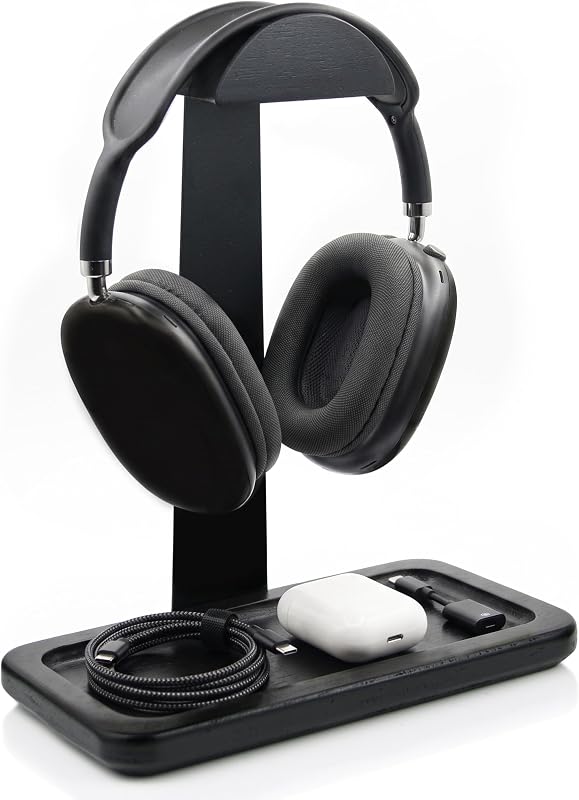 Gift for Men Headphone Stand with Storage Base, Stylish Headset Holder Gamer Gifts for Gaming & Desk to Keep Accessories Organized, Unique Gifts for Teenage Boy Brother on Birthday (Black Wood)