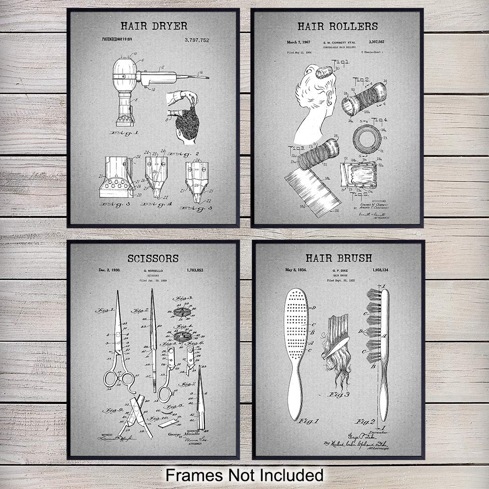 Beauty Salon Patent Art Prints - Vintage Wall Art Poster Set - Chic Rustic Home Decor for Hair Studio, Bathroom, Bedroom - Gift for Women, Stylists, Hairdresser, Fashionista - 8x10 Photo - Unframed