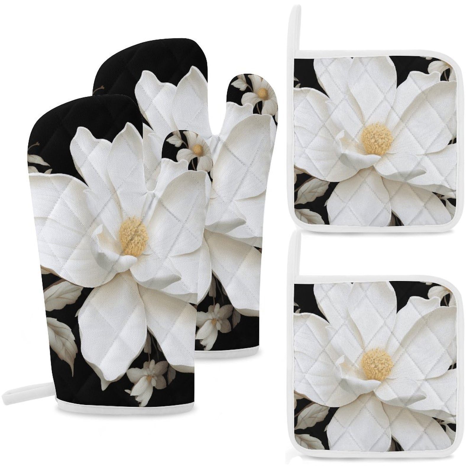 Maniques pour cuisine et barbecue lot de 4 protections florales blanches