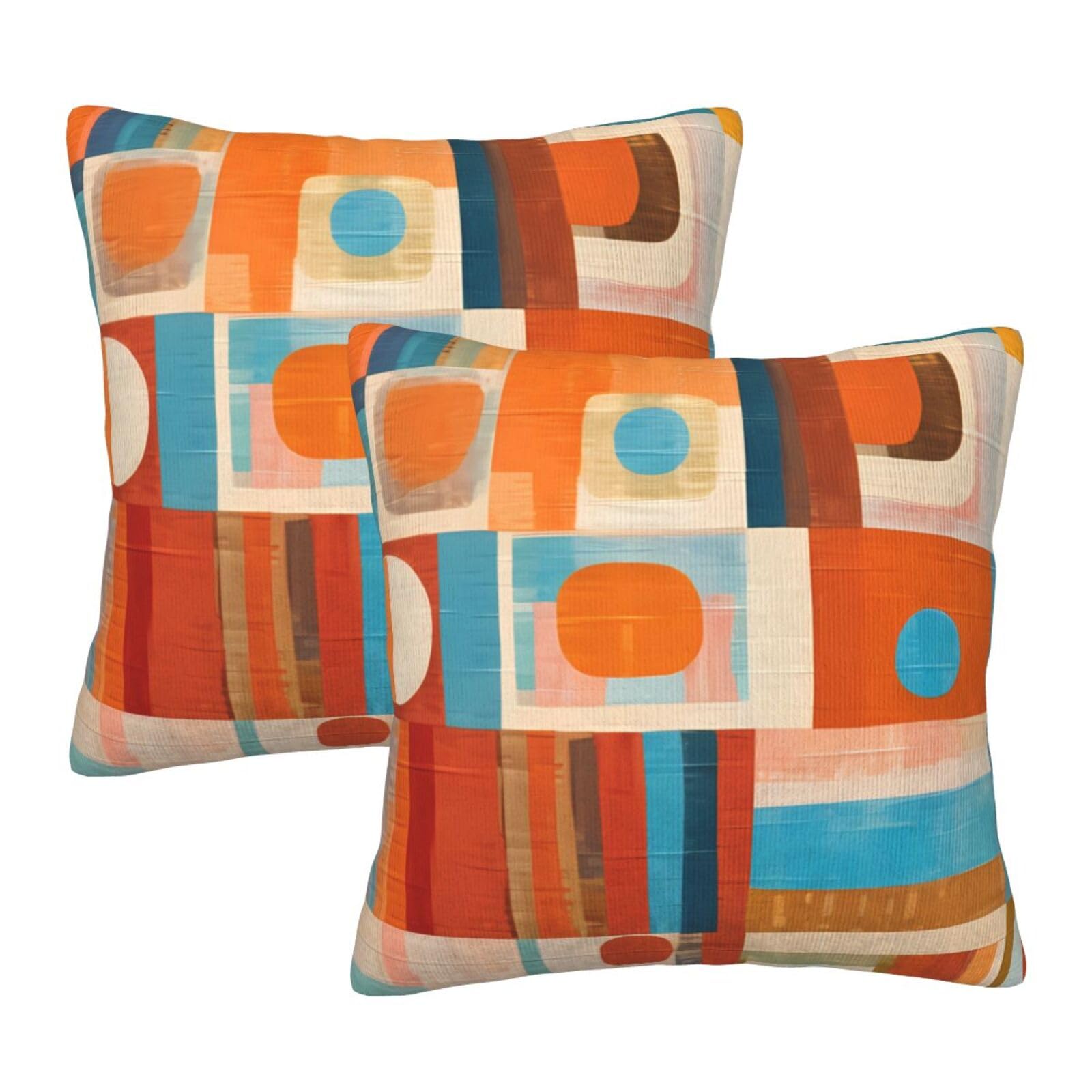 Yopiiefa Blue and White Blocks Throw Pillow Covers Orange Decorative Boho Mid Century Pillow Cases 18x18 Set of 2 Modern Pillowcase Outdoor Cushion