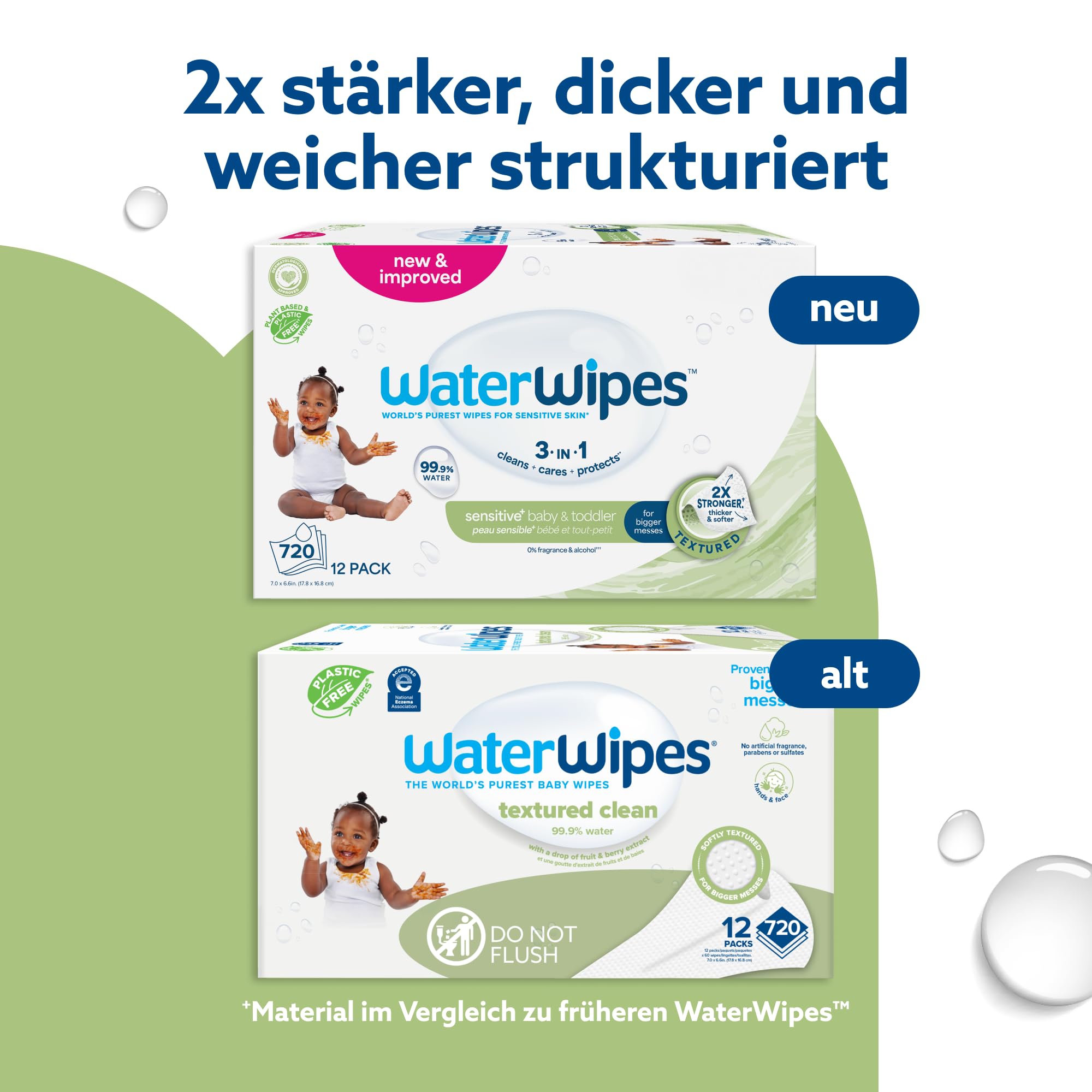 WaterWipes Sensitive+ Baby & Toddler Wipes, Baby- und Kleinkind-Feuchttücher, 720 Stück (12 Packungen), 3-in-1-Reinigung, Pflege, Schutz, 99,9% Wasser, strukturierte Reinigung, parfümfrei
