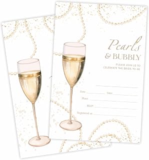 Bridal Shower Invitations - Pearls & Bubbly - 4 x 6 Inches Invites (25 Cards & Envelopes) For Wedding Showers, Newlyweds Parties And Receptions - A08