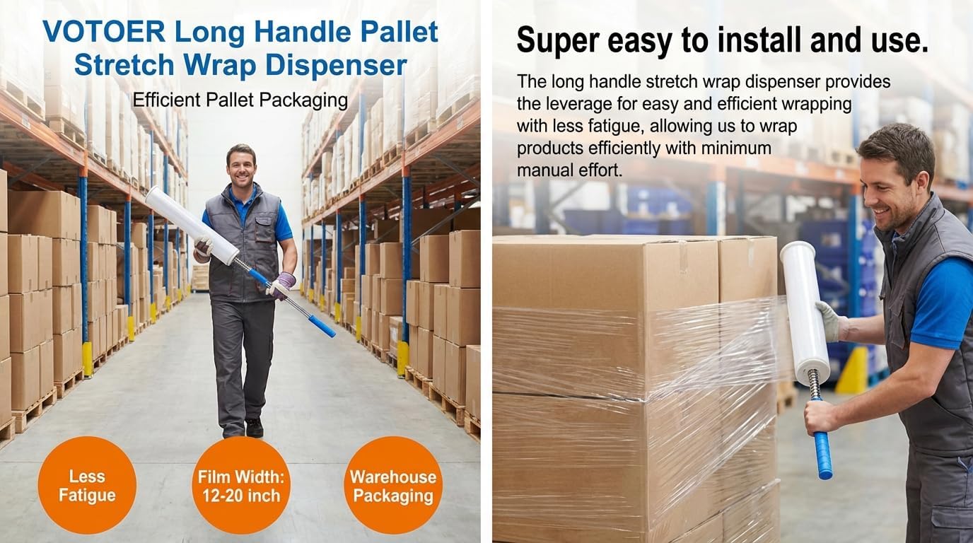 Long Handle Pallet Stretch Wrap Dispenser, Stretch Film Packing Machine Shrink Wrap Dispenser Holder, for Film Width 12-20 inch
