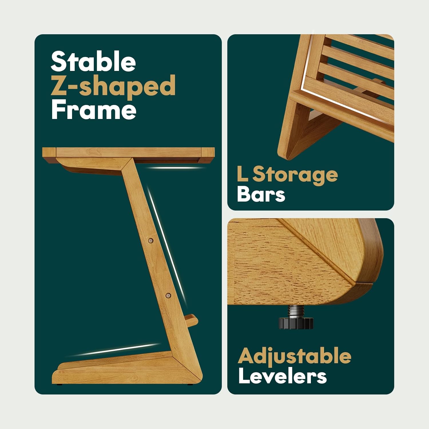 Bme Neil Nightstand Mid Century Modern Side Table, Rubberwood Nightstand with Z Shaped Frame and L Storage Bars Stylish, End Table for Bedroom, Living Room or Office - Teak Brown