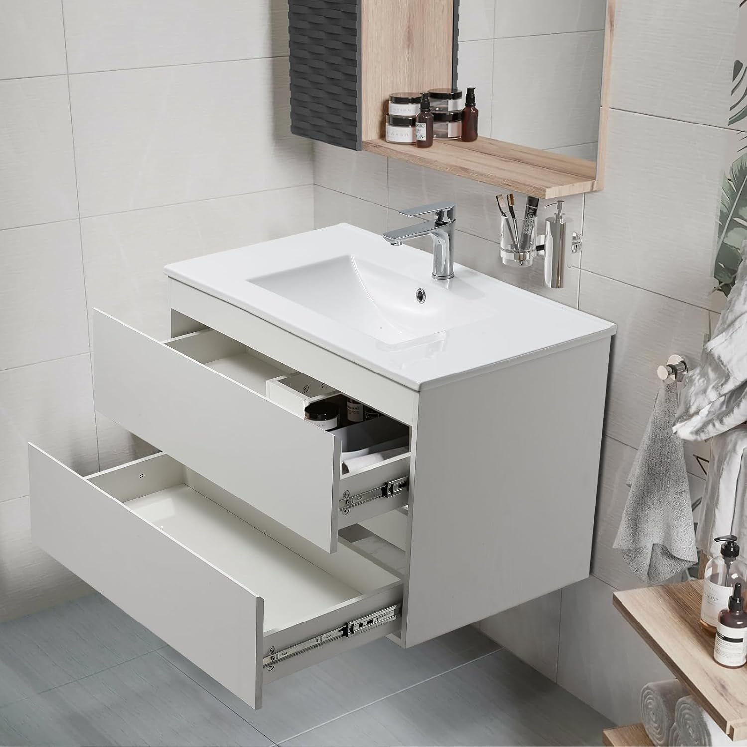 KSWIN 36" White Bathroom Vanity Wall Mounted Floating Vanity Two Drawers Storage