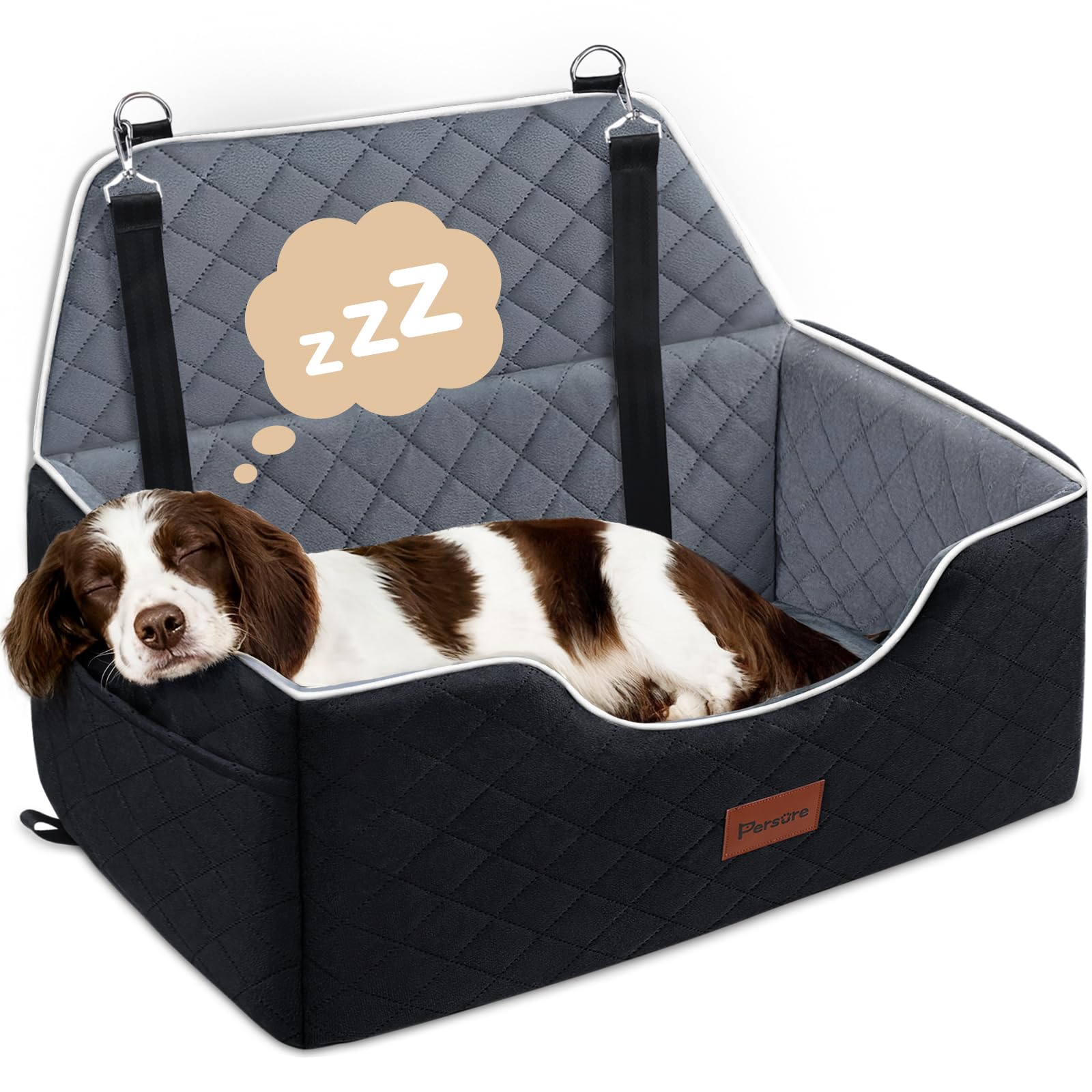 Persure Dog Car Seat for Large Medium Size Puppy Dog,Soft Fabric Dogs Bed Filling Memory Foam,2 Clip-On Safety Leashs and 2 Pockets,Removable and