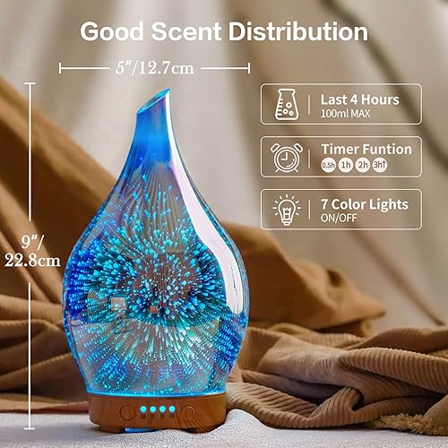 Miniatura 3 de Porseme Difusor de aceite esencial 3D humidificador ultrasónico de aromaterapia de vidrio, apagado automático, ajuste del temporizador, libre de BPA