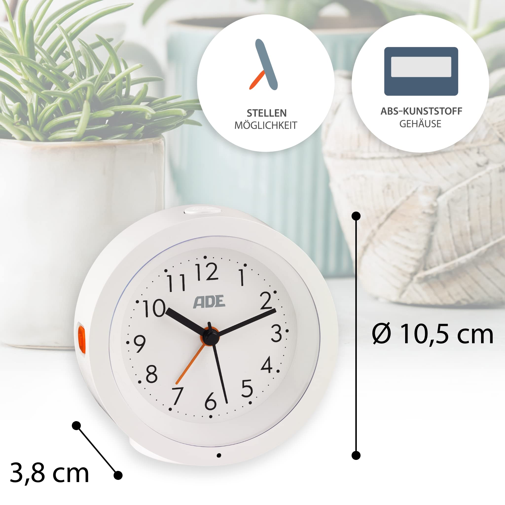 ADE Analoger Wecker mit ansprechendem Design | Wecker mit Licht, Schlummerfunktion | lautloser Wecker ohne Ticken | batteriebetrieben | weiß