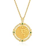 Gold Necklace for Women Birth Flower Necklace with Birthstone 14K Gold Plated Dainty Rotating Coin Pendant Necklace Personalized Birth Month Jewelry for Birthday Mother's Day Gift 12 Month