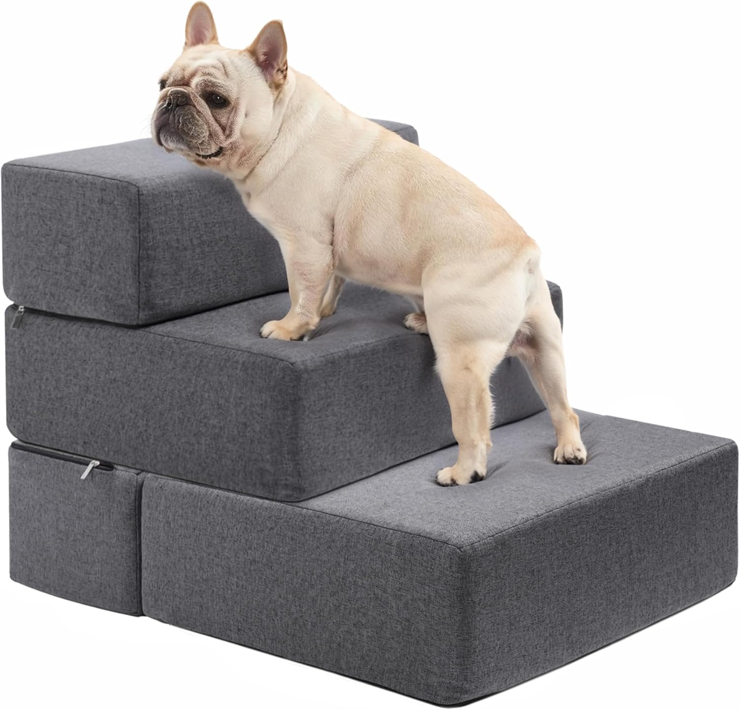 Foldable 2 Step Dog Stairs for Small Dogs 12" High, Foam Dog Ramps for Older Cats, Wide Dog Steps for High Bed/Couch - Convertiable Dog Bed with Non-Slip Bottom, Gray