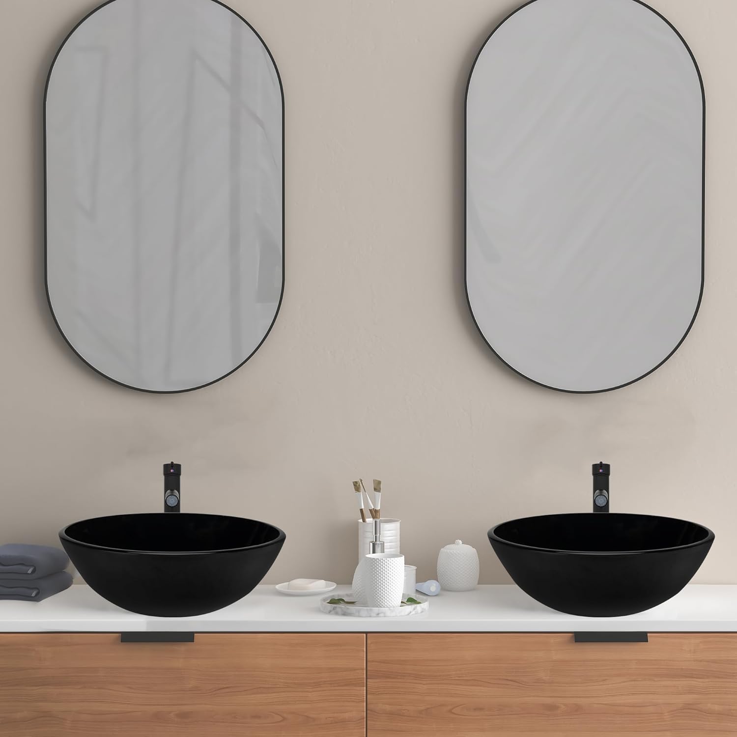 YIMAI Black Glass Vessel Sink Bathroom Bowl, Round 12" Countertop Sink for Vanity,Small Modern Bathroom Above Counter Basin, Modern Finish Vessel Sink