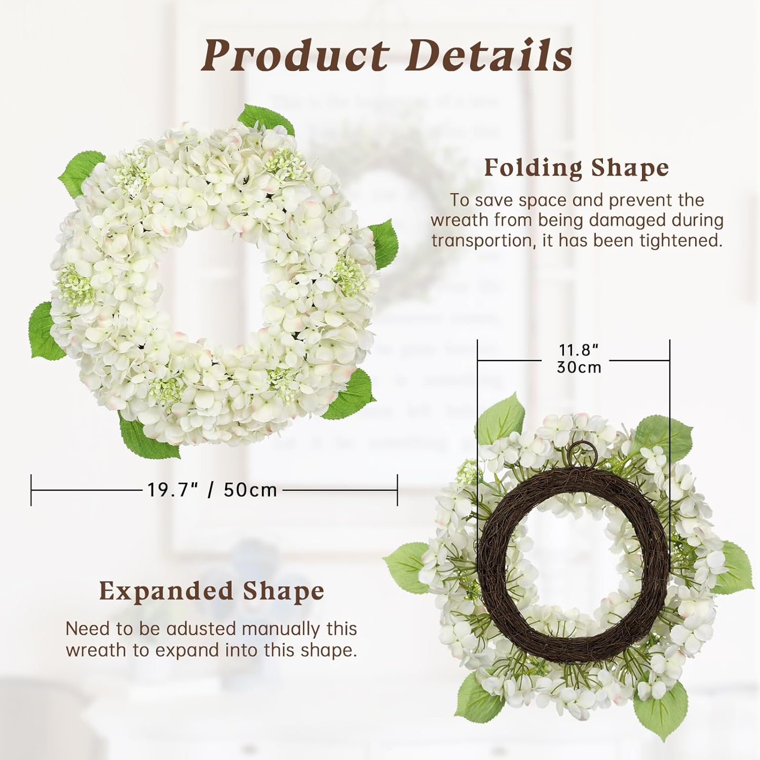 20 inch Spring Summer Wreath for Front Door, Artificial White Hydrangea Flower Door Wreath Hydrangea Decor for Farmhouse All Year Indoor Outdoor Home Window Wall Front Porch