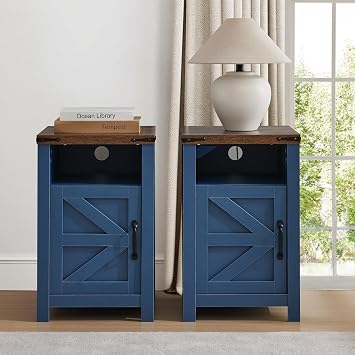 Farmhouse Nightstand Set of 2 with Charging Station, Modern Bedside Table with Barn Door and Shelf, Sofa Side Table End Table for Bedroom, Living Room, Blue