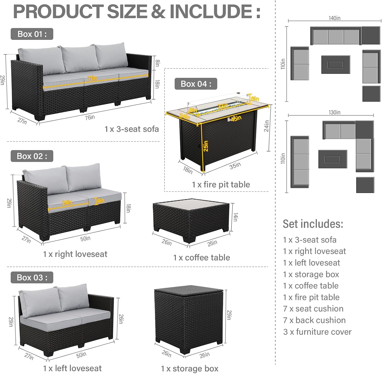 Rattaner 6 PCS Patio Furniture Set Fire Table Outdoor Furniture Sets 45 Inches Gas Fire Pit with Outdoor Storage Box Glass Coffee Table and Waterproof Covers Anti-Slip Light Grey Cushions