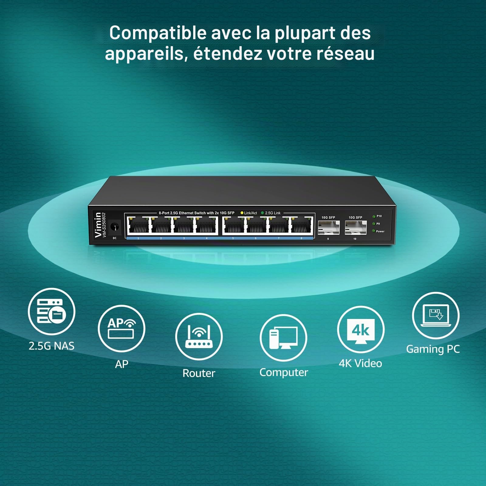 Switch Réseau Non Géré 10 Ports 2,5G, 8 Ports Ethernet 2,5Gbase-T, 2 Ports 10G SFP+, Capacité de Commutation de 80Gbps, Boîtier Métallique, Fonctionne pour NAS 2,5Gbps, Point d'Accès sans Fil et PC