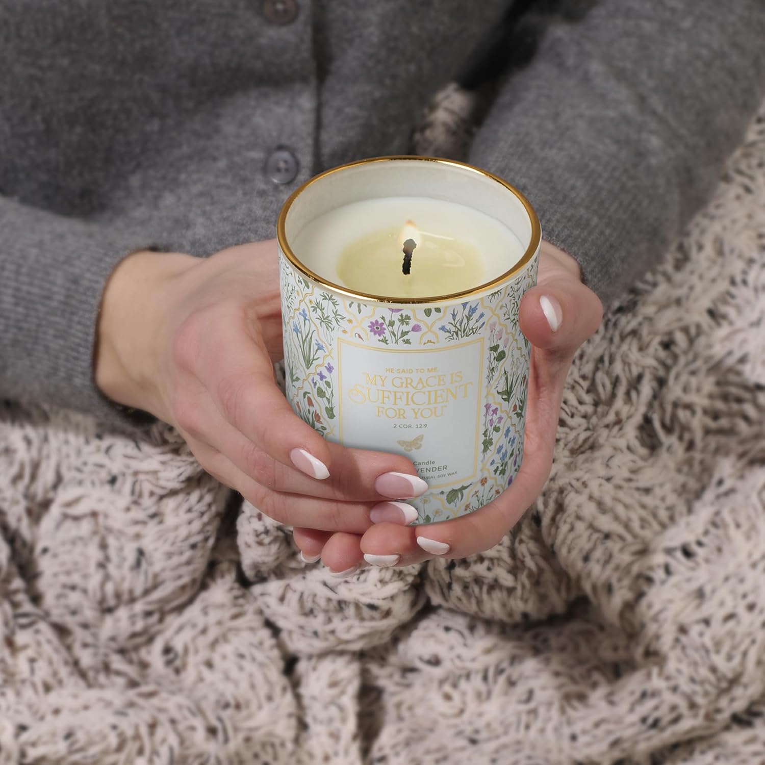 Christian Art Gifts Grace is Sufficient Scented Candle: Soy Wax, Pure Essential Oils, Sage & Lavender Scent, Bible Verse, Floral Design Glass Jar, Encouragement Gift for Women, 40 Hours Burn Time