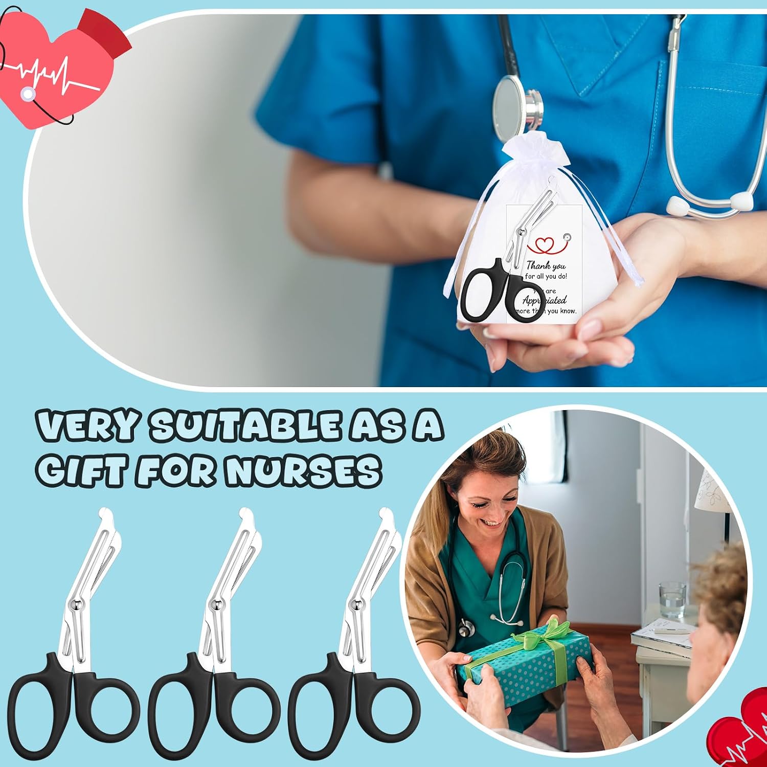 Threlaco 40 Pcs Trauma Shears, Gifts for Nurse Day, Medical Scissors with Organza Bags and Thank You Gift Tags, Stainless Steel Gauze Shears for Nurses Doctors EMS Volunteers (Black)