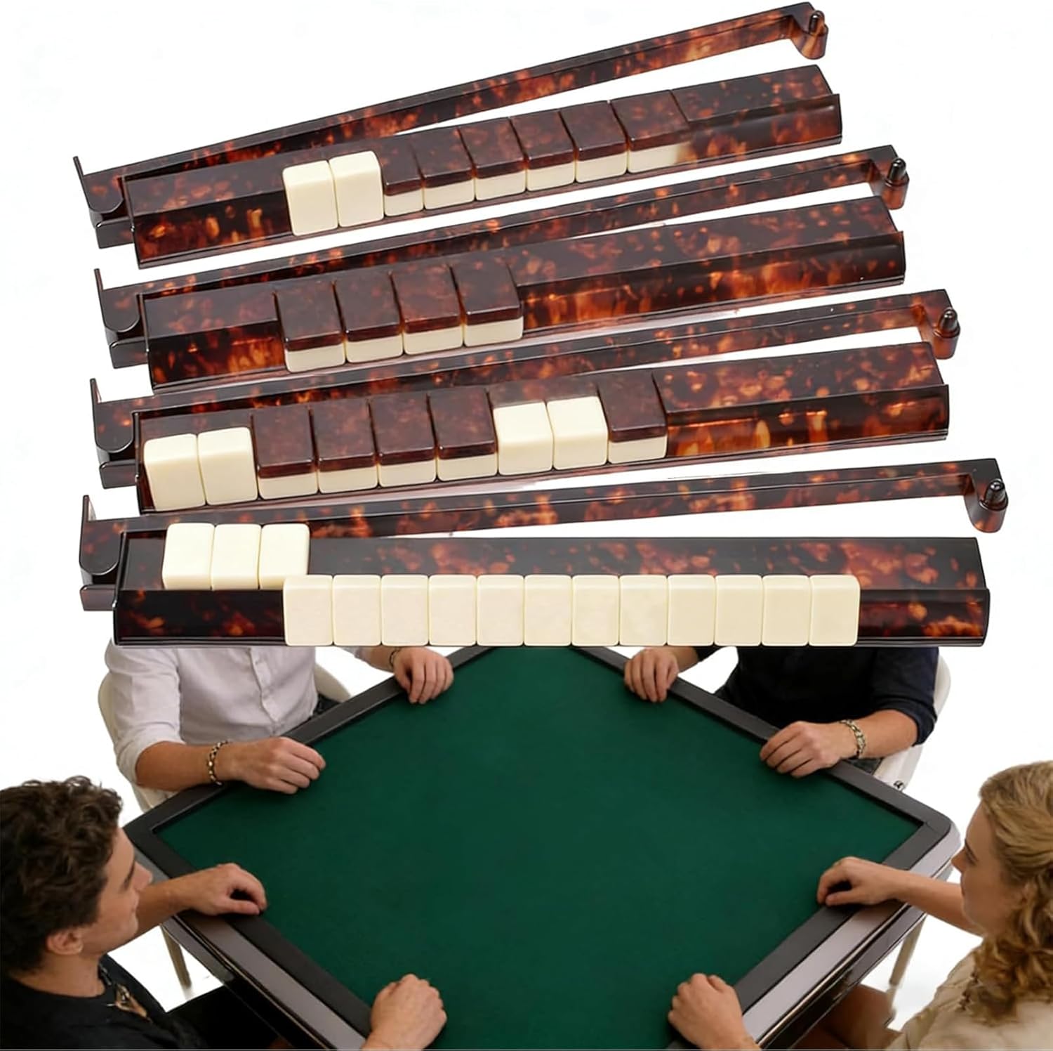 Tortoise Shell Acrylic Mahjong Rack & Pusher Set – 20-Inch Extended Length Magnetic Detachable Racks with Glossy Finish, 4-Piece Set for Mahjong Tiles, Easy Storage & Smooth Tile Alignment