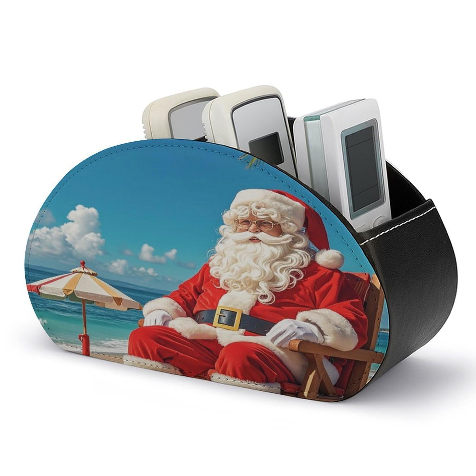 FekiLoot Santa Claus At Beach TV Remote Control Holder with 5 Compartments Multi-functional Leather Bedside Table Remote Caddy Desktop Storage Box for Store Pen Controller Media Player Cosmetic