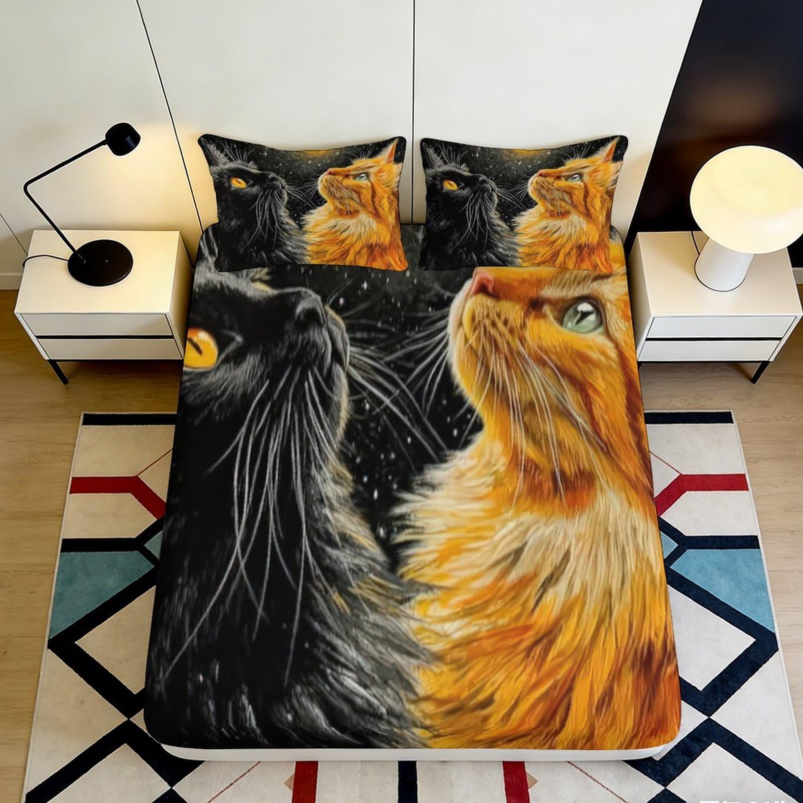 3D Printed Black and Orange Cat Pattern Fitted Sheet Microfiber Soft Breathable Starry Night Bed Cover for Bedroom Dormitory Guest Room Mattress Protection 120x200x25cm