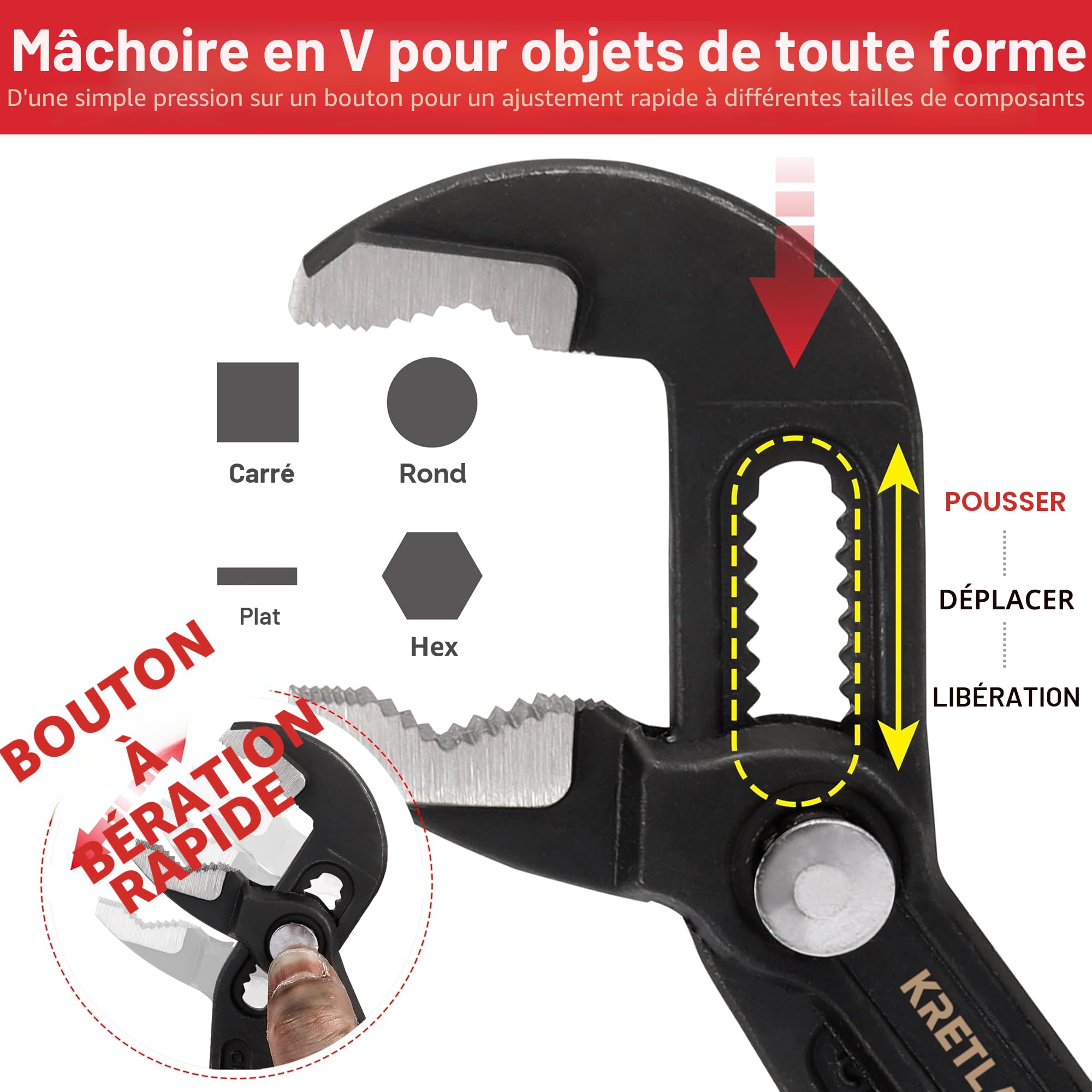KRETLAW Lot de 3 pinces multiprises 180/250/300 mm en Cr-V, pince à tube réglable, serrage rapide avec joint coulissant rainuré