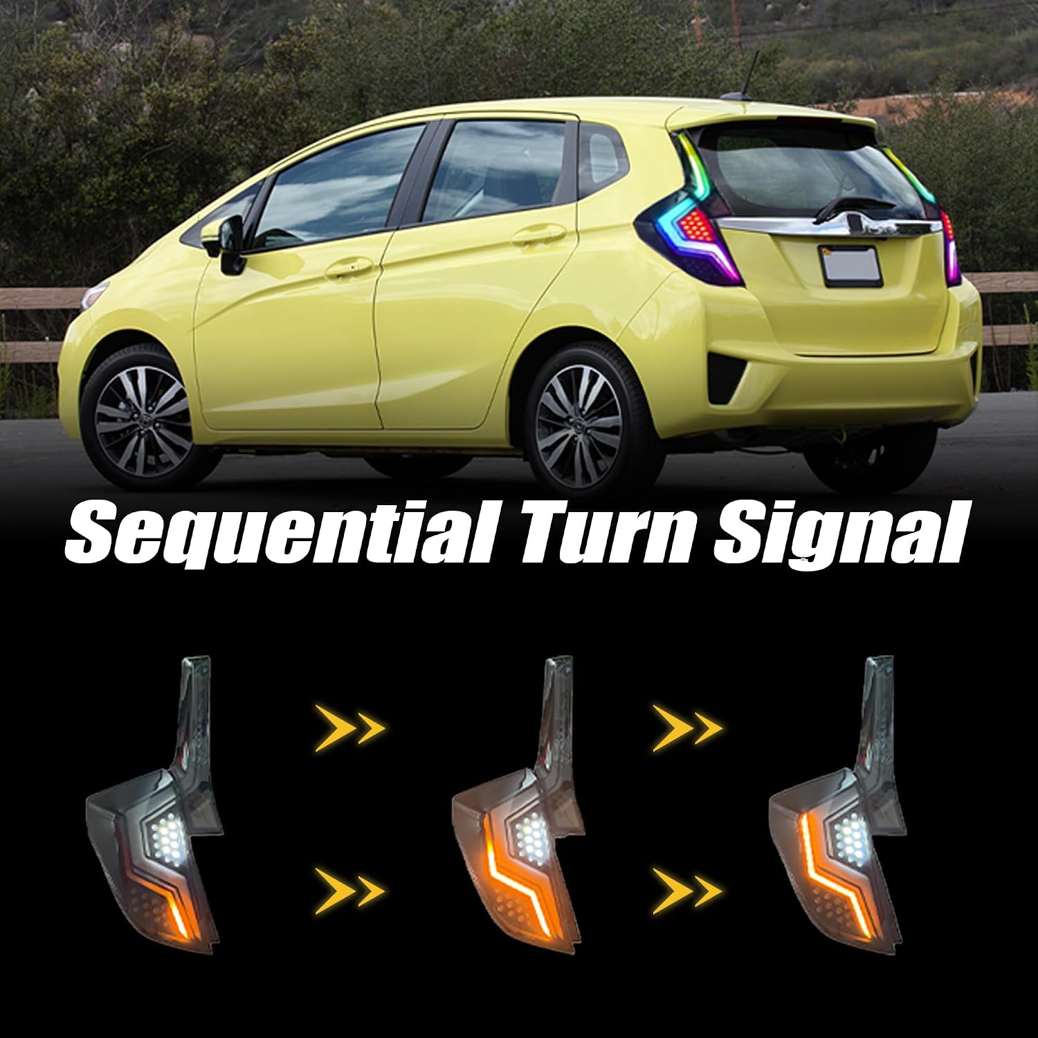 Tail lights for Honda Fit 2014-2018 LED Rear Light Assembly Dynamic Start Up Animation Sequential Turn Signal, Intelligent Control of RGB, Smoked Left Right Taillights
