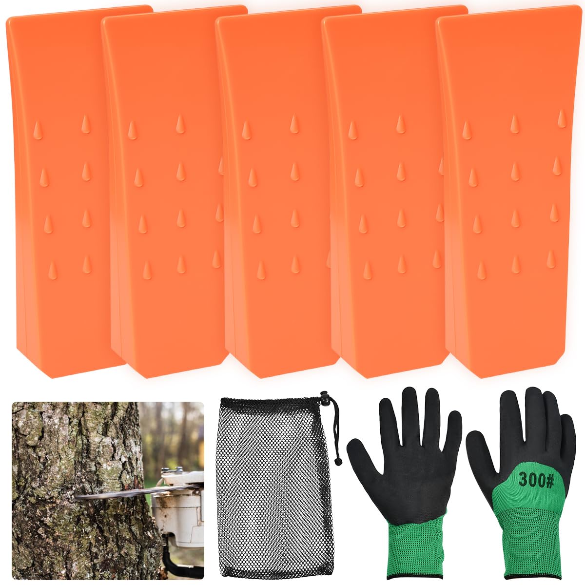 5 pz angolo di battaglia dell'albero in ABS cunei per motoseghe a tratto antiscivolo, angoli per giardinaggio, 6 pollici, cunei forestali in plastica con guanti e borsa di immagazzinaggio