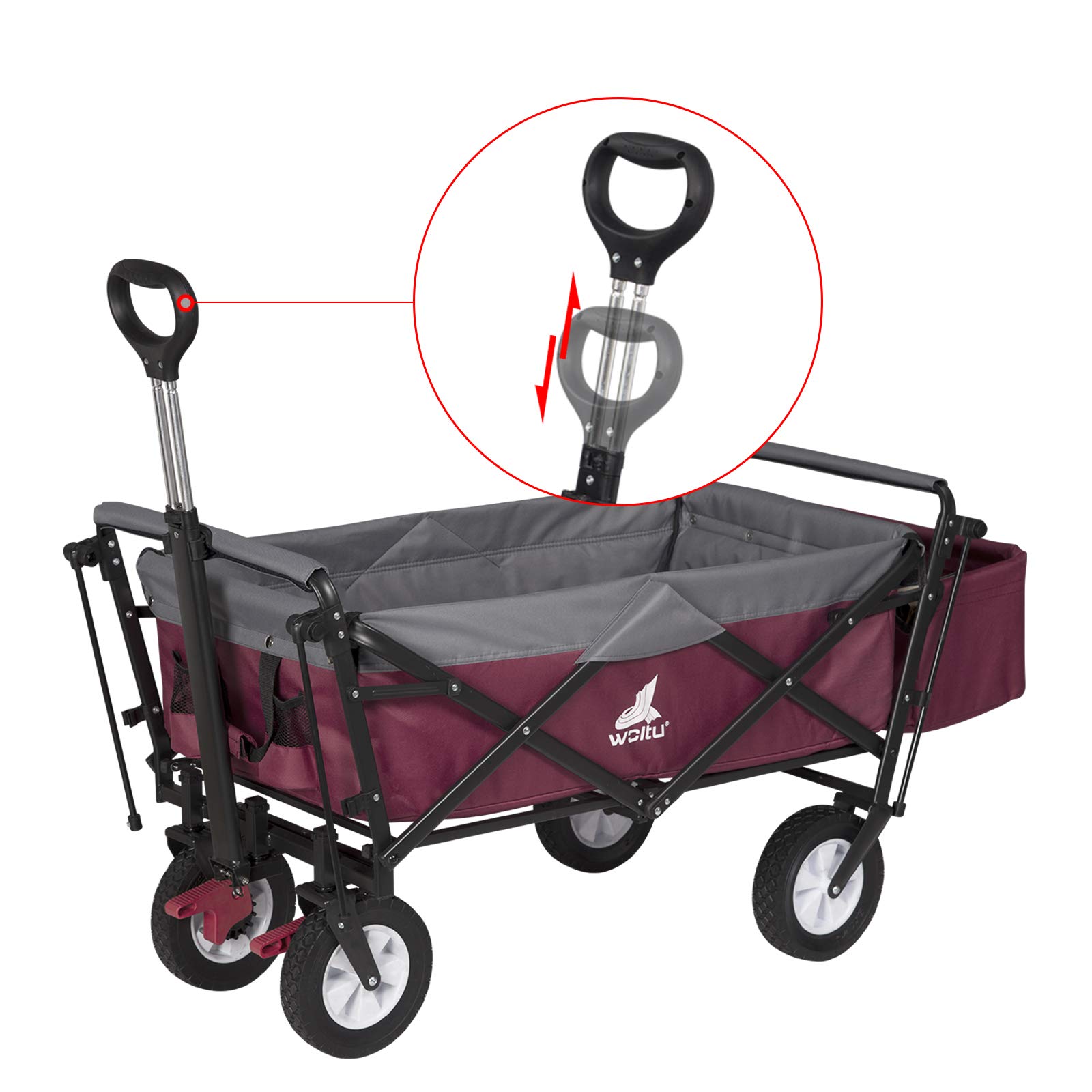WOLTU Faltbarer Bollerwagen XXL mit abnehmbarem Sonnendach & Feststellbremse, Offroad Handwagen bis 80kg Tragkraft für Kinder, Garten, Camping, Strand, Einkauf, Fuschia