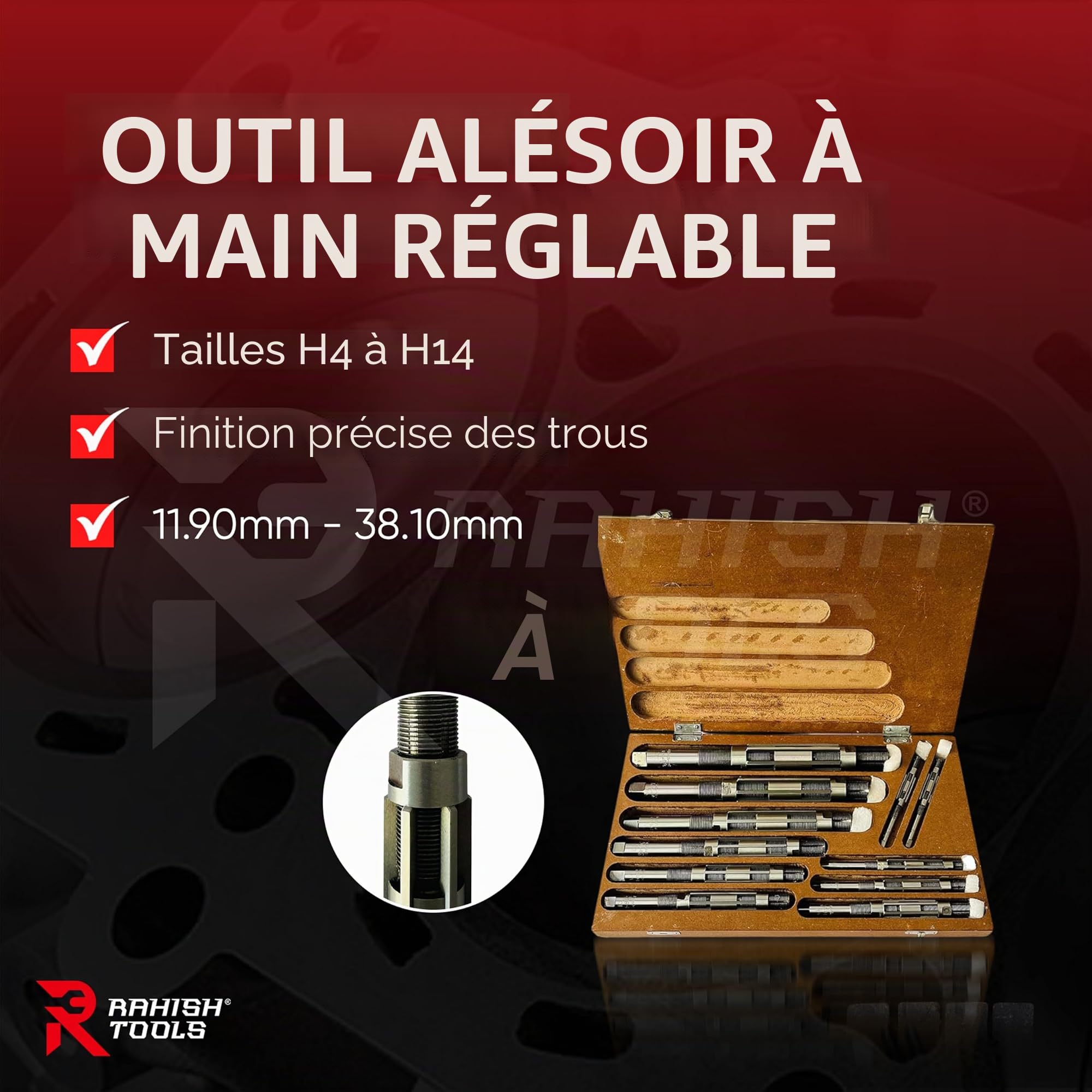 Alésoir manuel réglable H4 à H14 Tailles – 15/32" à 1-1/2" Outil d'alésage pour une finition précise des trous avec 6 lames en acier au carbone – Outils à main pour métal et bois – 11,90