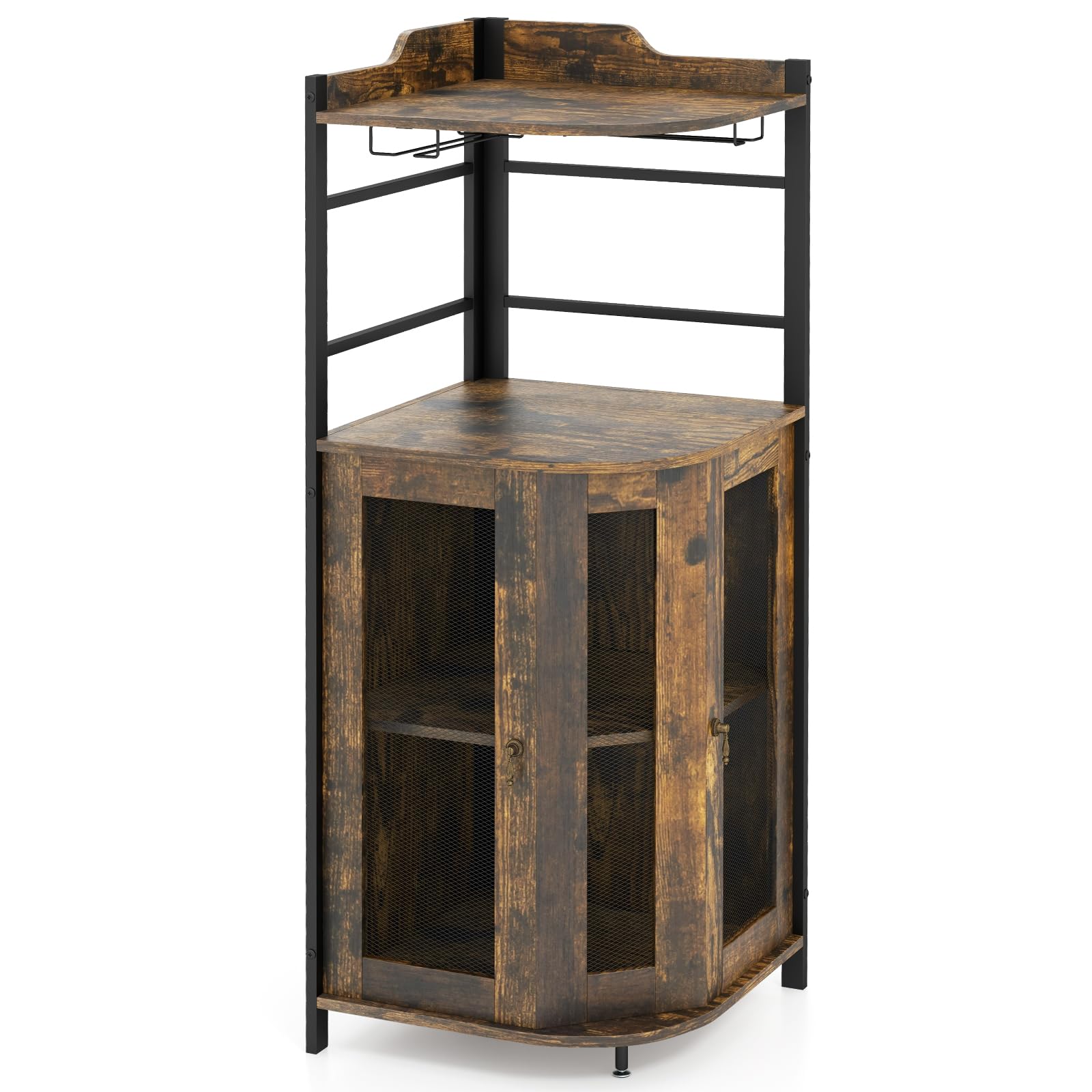GOPLUS Meuble Cuisine à Vin d'angle Style Industrielle, Étagère Réglable et Porte en Maille, Meuble de Rangement sur Pied avec Porte-Verre à Vin pour Bar, Cuisine, Salon (Marron Rustique)